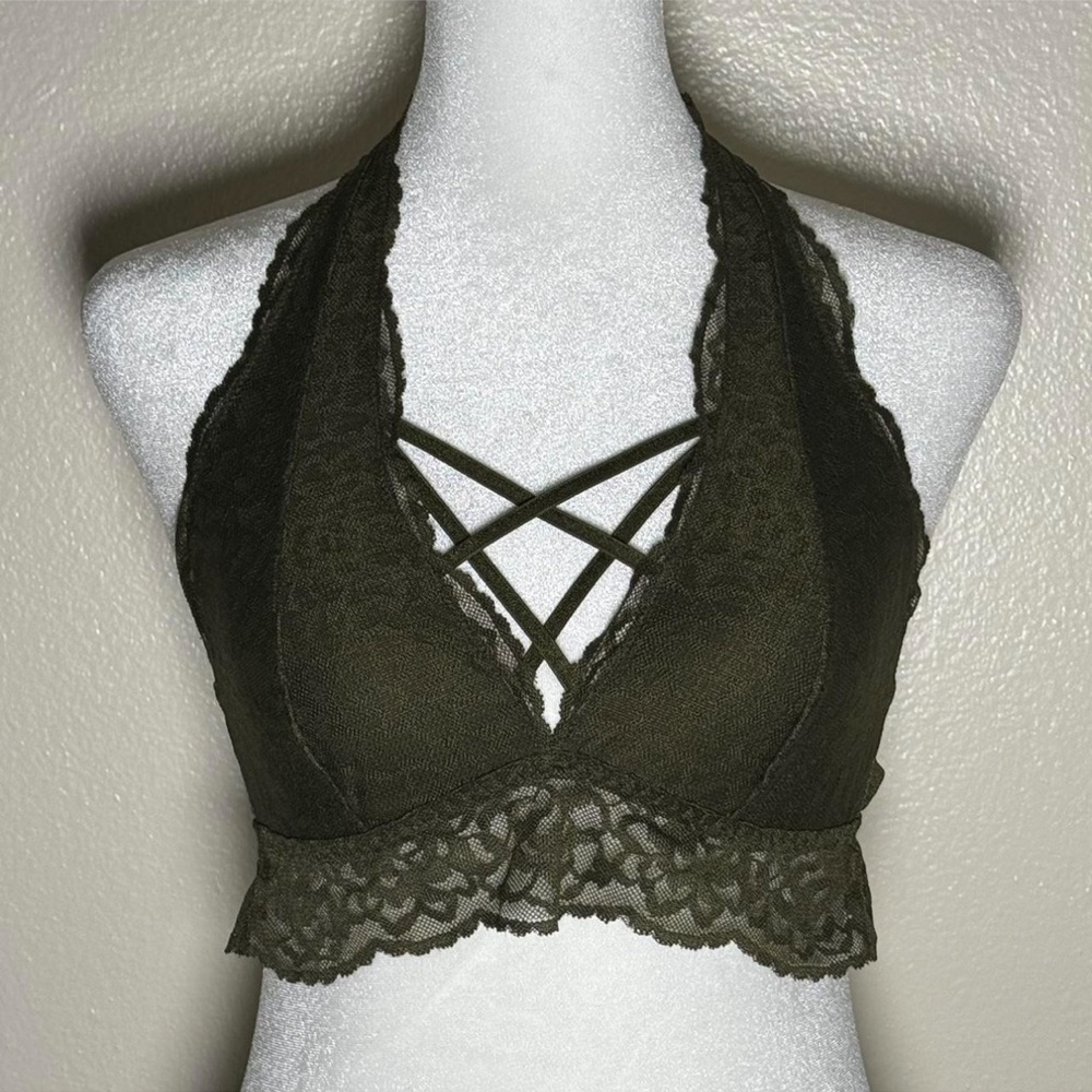 PINK Olive Military Green Lace Halter Neck Bralette